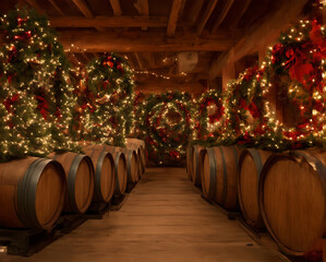 Warmly lit traditional winery with oak barrels, festive garlands, and glowing candles on Christmas Eve. Generative AI