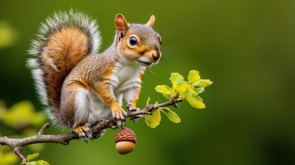 Obraz premium Squirrel perched on a branch with vibrant foliage and an acorn.