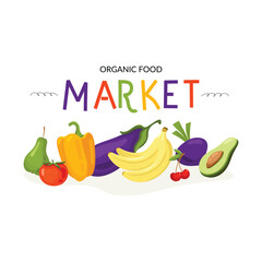 Colorful vector illustration with  fresh fruits and vegetables. Farmers market. Design for posters, flyers, packaging