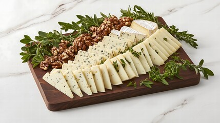A beautifully arranged display of assorted cheeses, including Brie, Gouda, and aged Cheddar, on a rustic wooden board. The cheeses are artfully cut into wedges and paired with fresh herbs and nuts