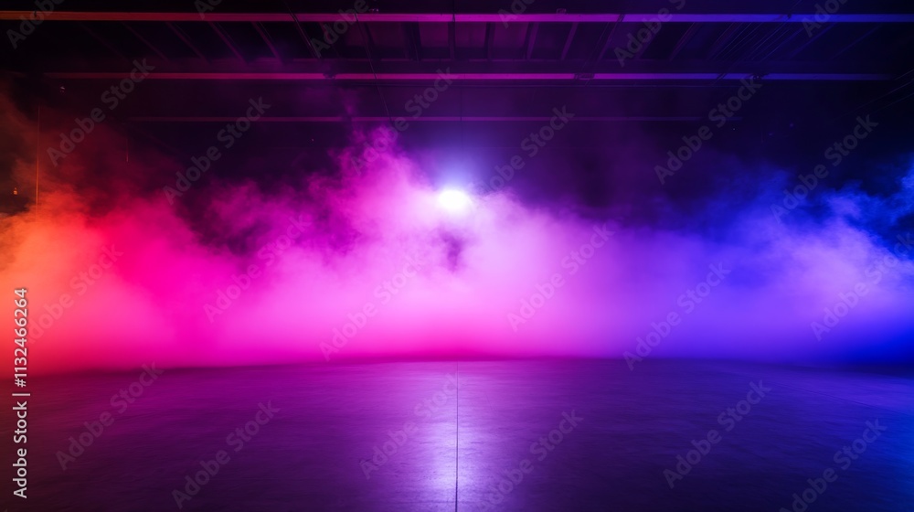 Poster A single spotlight shines on an empty stage surrounded by colorful smoke, creating an intriguing ambiance perfect for live performances and events