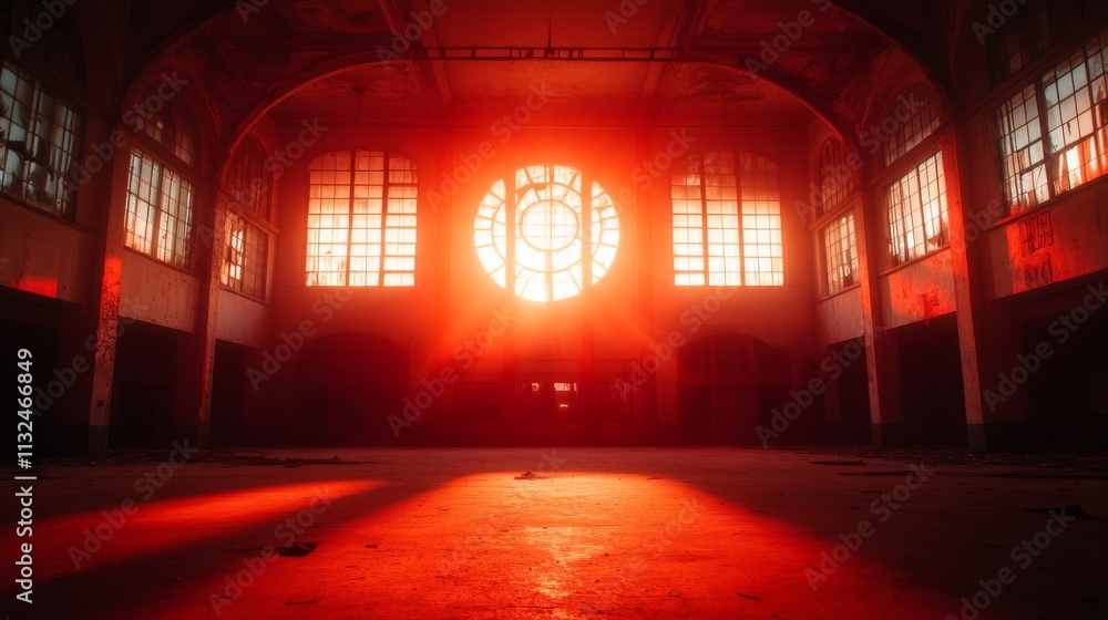 Poster an abandoned gothic hall features towering arches and a large circular window bathing the space in e