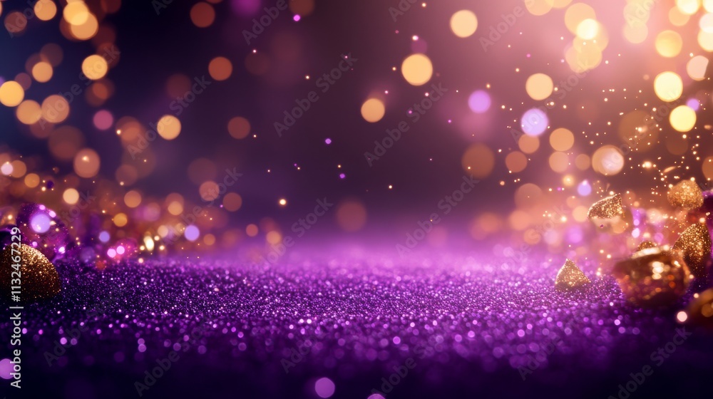 Poster gold and violet fireworks burst in the night sky while soft bokeh lights twinkle in the foreground, 