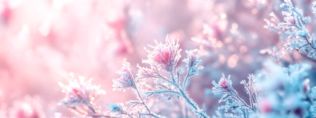 Naklejka premium Frozen flowers sparkling in a magical pink and blue light during winter