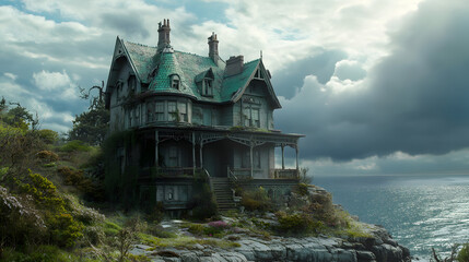 Obraz premium Victorian Inn Overlooking Dramatic Ocean Views