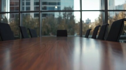 Obraz premium This conference room has a polished wooden table and black chairs, bathed in natural light from large windows, perfect for important discussions