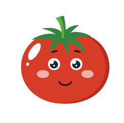 A cheerful cartoon tomato with a smiling face and green leaves.