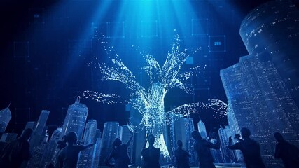 Technological city landscape particle tree, a group of people in the city are taking pictures of a technological particle tree. Future virtual city animation, city holographic image.