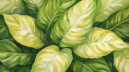 Obraz premium Lush Green and Yellow Variegated Leaves Painting