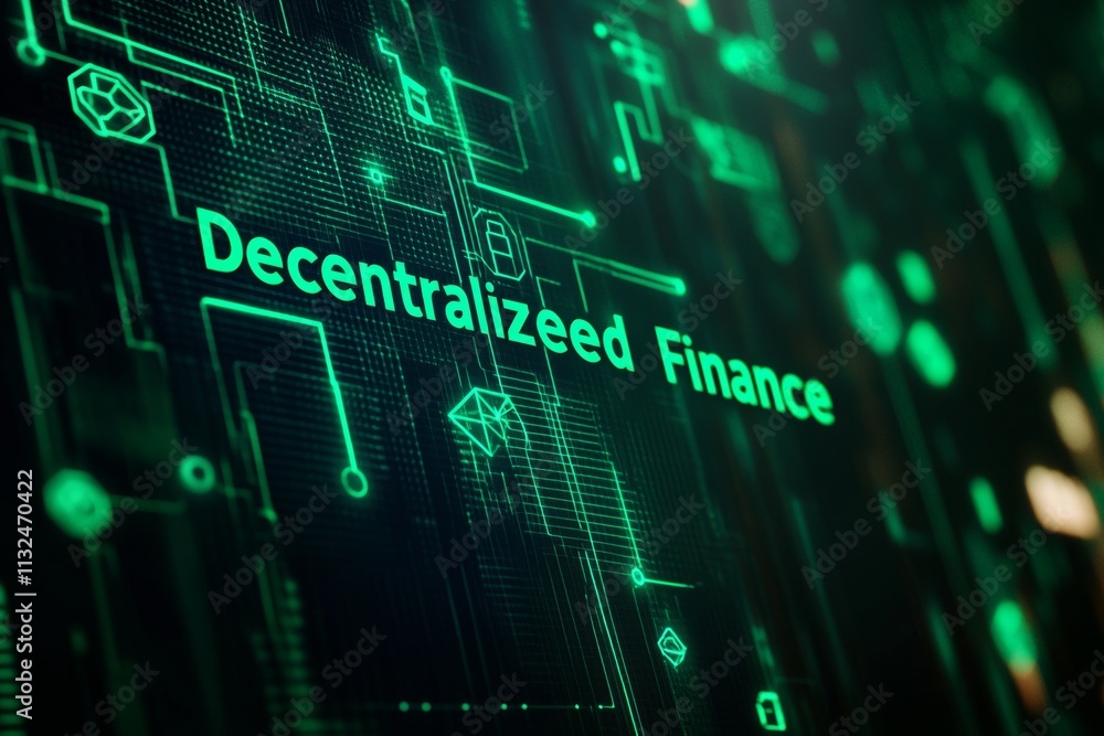 Poster decentralized finance dynamic blockchain network and cryptocurrency icons in bold green