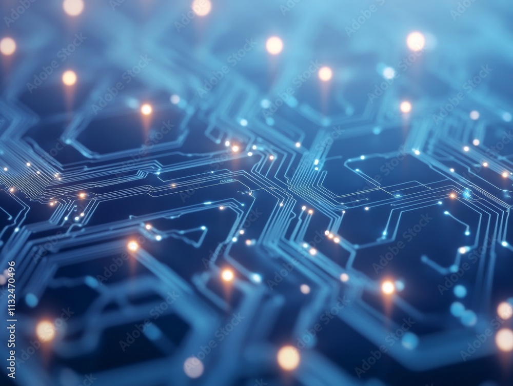 Poster Glowing Circuit and Blockchain Network Pattern on Dark Blue Background