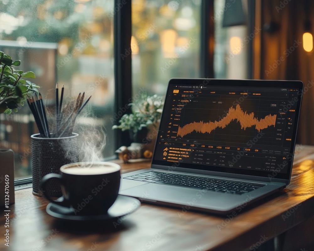 Poster modern office workspace with laptop displaying blockchain analytics and coffee
