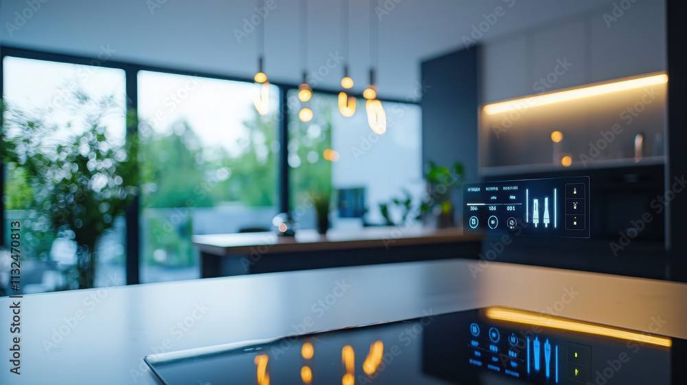 Poster monitoring energy usage in a modern smart home interface interior design digital display sleek envir
