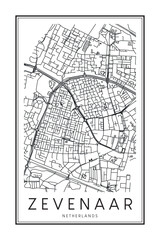 Obraz premium Printable downtown road map poster of the Dutch city of ZEVENAAR on solid white background with city name