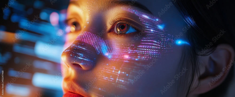 Poster a close-up of a woman's face with digital projections and glowing elements.