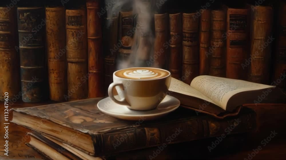 Poster steaming coffee rests on antique books in a library setting. this image evokes warmth, knowledge, an