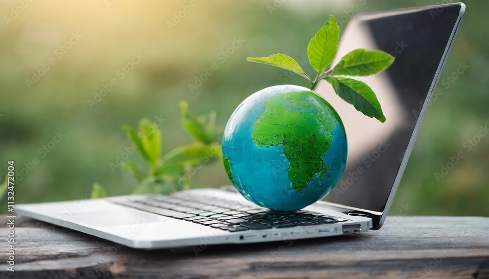 Poster integrating nature and technology a laptop keyboard surrounded by a green globe symbolizing efficien