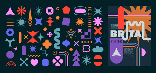 Icon geometric shape. Retro star, circle and square, line colorful modern decorative brutalist elements. Futuristic minimal brutal form. Poster design figure simple. Vector basic abstract symbols