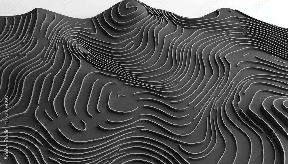 Poster abstract black background with wavy flowing lines, modern elegant geometric 3d design element
