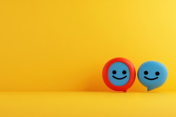 Minimalistic speech bubbles on vibrant yellow background, showing emotional expressions with smiling and neutral faces, representing communication and emotional contrast.