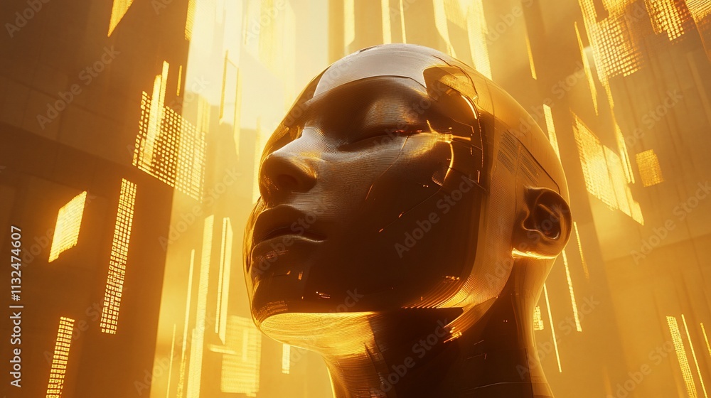 Poster a futuristic humanoid face with glowing features set against a digital backdrop.