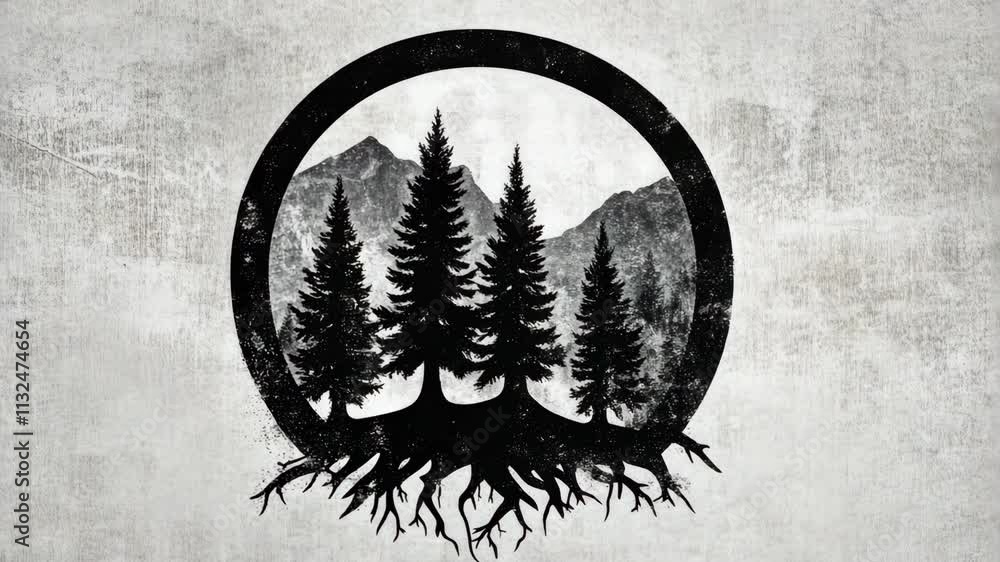 Aufkleber silhouette of pine trees with roots and mountains in a circular design on textured background