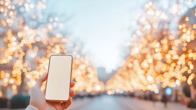 Festive QR Code Payment Technology and Holiday Atmosphere on a Decorated City Street