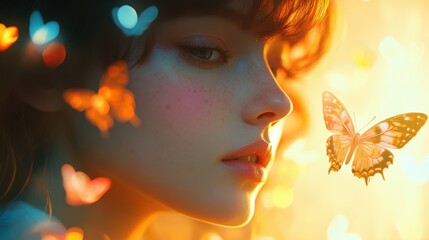 Fototapeta premium Butterfly Shaped Bokeh Blending with Pastel Hues and Glowing Face
