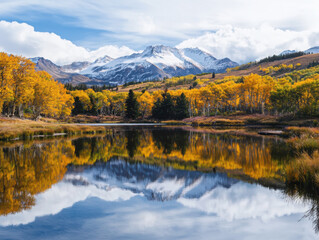 Fototapeta premium Capturing tranquility serene mountain lake autumn reflections nature scene idyllic environment scenic perspective autumn's vibrant palette