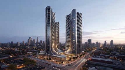 Obraz premium Twin Towers Architectural Marvel: A Modern Cityscape at Dusk