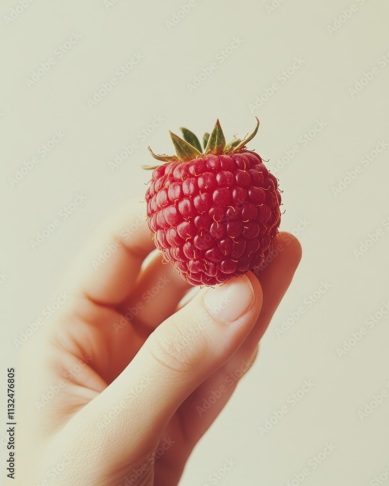 Aufkleber a single raspberry held gently in a hand against a soft background: a study in simplicity and natura