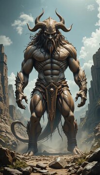 features a massive, muscular mythical creature from Greek and Roman mythology, exuding power and dominance.