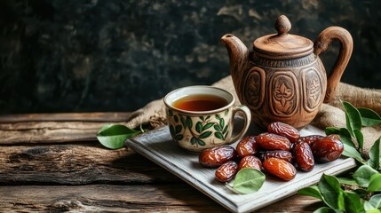 Fototapeta premium Tea Dates Clay Pot Wooden Tray Rustic Setting