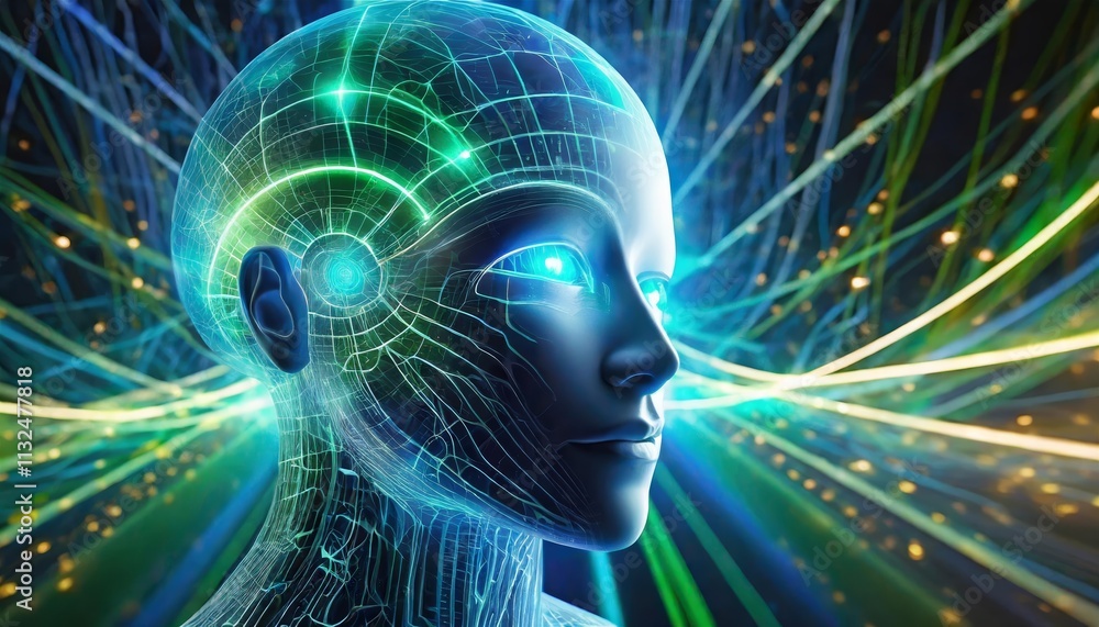 Poster explore the intricate design of artificial intelligence a stunning visual featuring a face illuminat