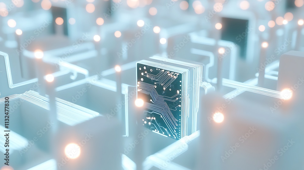 Poster a complex maze design with a central microchip representing technology and innovation