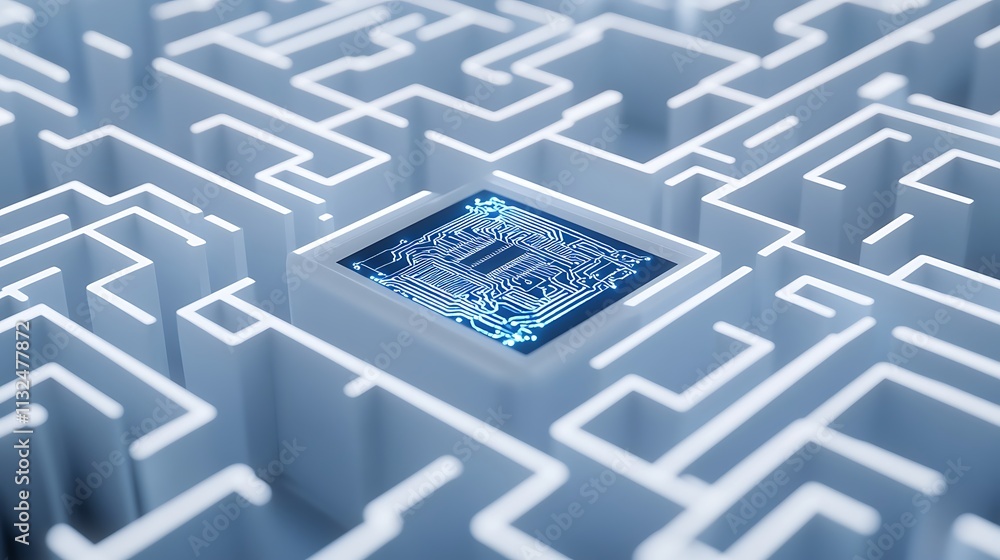 Poster a complex maze design with a central microchip representing technology and innovation