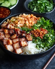 Fototapeta premium A vibrant bowl of noodles topped with grilled meat, herbs, and garnishes.