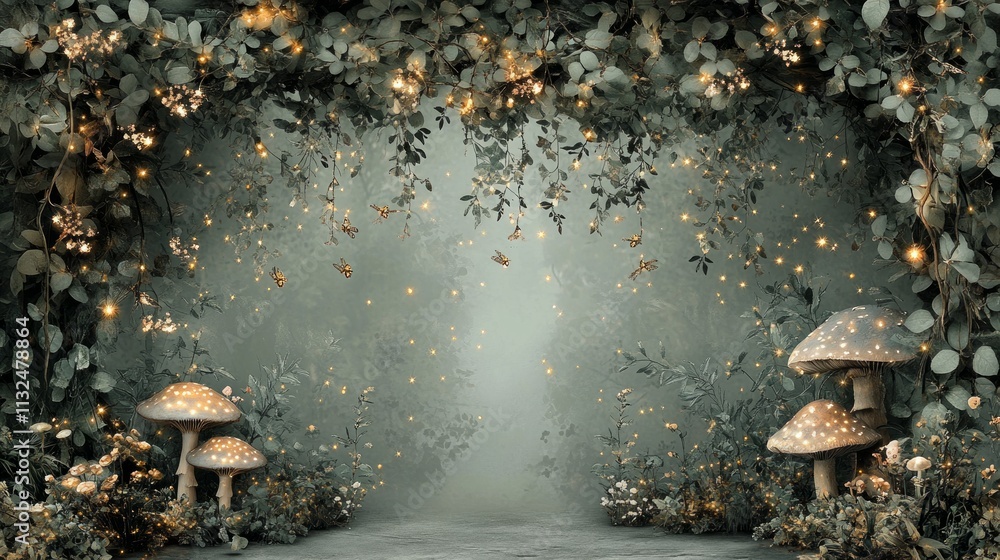 Poster a serene path in an enchanted forest features glowing mushrooms and tiny lights, creating a magical 