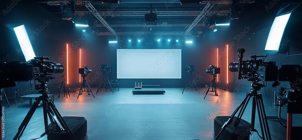 Poster a modern studio setup with cameras and lighting for video production.