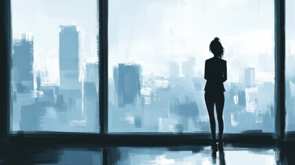 Fototapeta premium Cityscape Contemplation: A Woman's Silhouette Gazing at the Urban Horizon