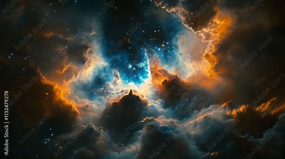Poster stunning multi-colored nebula in the vastness of outer space, featuring twinkling stars and dynamic 