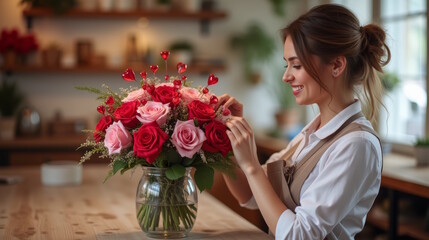 Fototapeta premium Florist makes a bouquet of roses and hearts in a flower shop, 