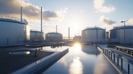 Obraz premium Sunrise over Industrial Storage Tanks