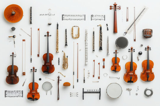 Celebrating creativity artistic arrangement of musical instruments on a white canvas in an abstract style