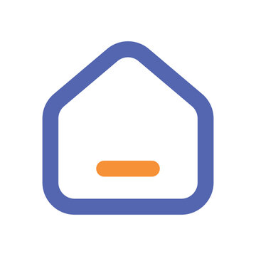 A minimalist digital illustration of a house icon with a blue frame and an orange horizontal door.