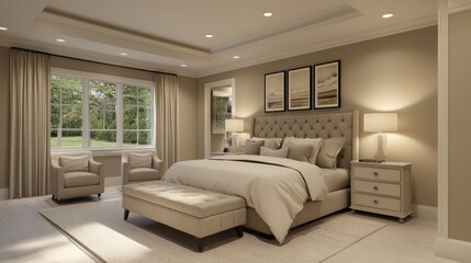 Fototapeta premium Serene Beige Bedroom Interior Design: Luxurious Master Suite with Natural Light