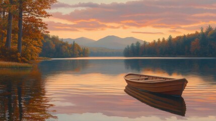 Tranquil Autumn Sunset: A Lone Rowboat on a Serene Lake
