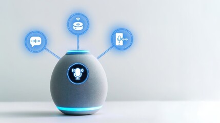 Egg shaped gray voice controlled home assistant with glowing blue icons, Smart speakers for voice commands and home automation