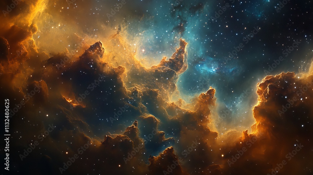 Poster stunning multi-colored nebula in the vastness of outer space, featuring twinkling stars and dynamic 