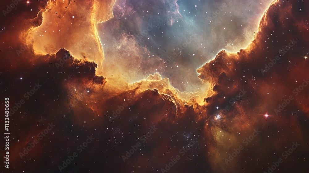 Poster stunning multi-colored nebula in the vastness of outer space, featuring twinkling stars and dynamic 